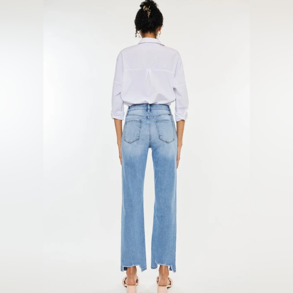 KanCan High-Rise Waist Distressed Raw Hem Wide Straight Leg Mom Denim Jean Pants - Picture 13 of 14